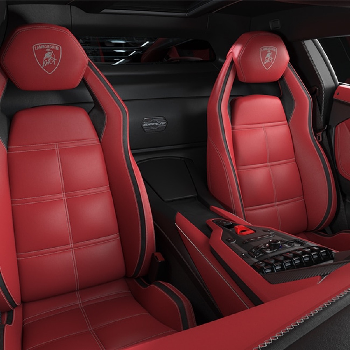 sportautó belső vörös piros bőr ülések