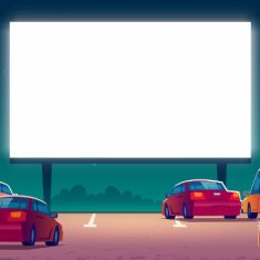 Outdoor cinema, drive-in movie theater with cars