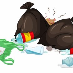 Dirty trash bags and rotten food on the floor