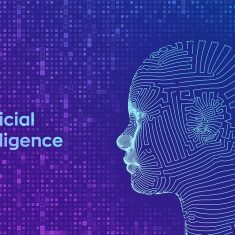 AI. Artificial intelligence concept. Abstract wireframe digital human face on streaming matrix digital binary code background. Human head in robot digital computer interpretation. Vector illustration.