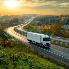 Un camión blanco circula por una autopista con árboles alrededor y sol de atardecer